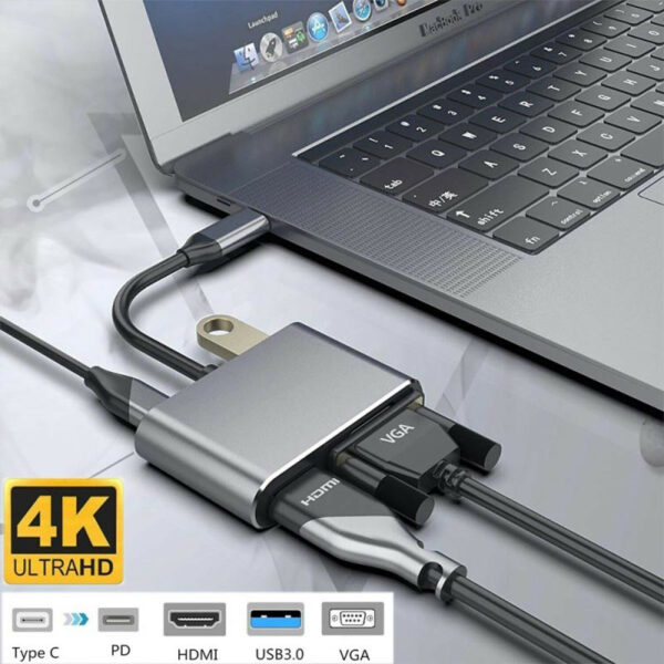 Переходник 4K USB-C HUB PD+HDMI+VGA+USB adapter 4 in 1 - Image 4